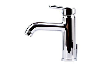 A Gleaming Chrome Faucet Awaits Its Task in the Morning Light on a Clear PNG or White Background.