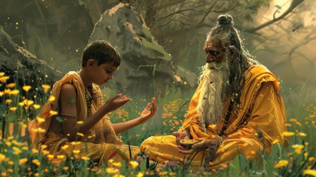 Grunge illustration for Guru Purnima with sage and young disciple.
