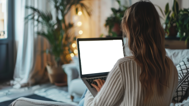 Mockup image of a woman working and touching on laptop touchpad with blank screen at home