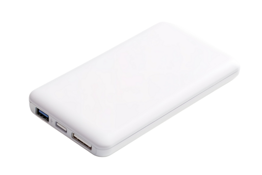 A Sleek White Power Bank Ready To Charge Your Devices on a Clear PNG or White Background.