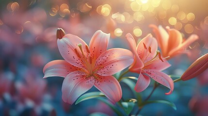 Fototapeta premium Beautiful lily flower in the garden at sunset Soft focus nature background