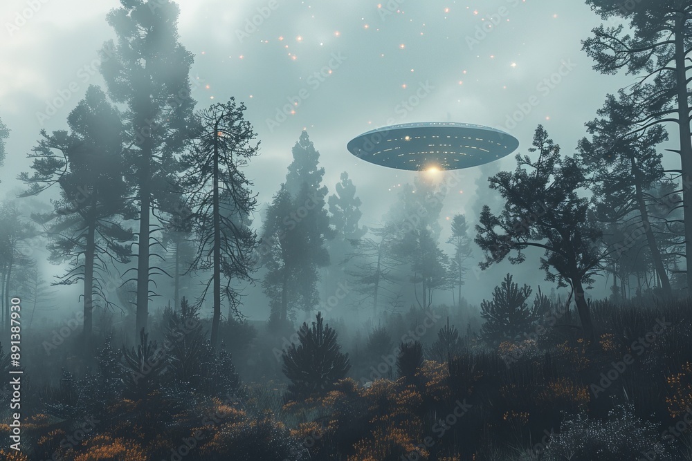 Poster alien spaceship hovering over a foggy forest at night