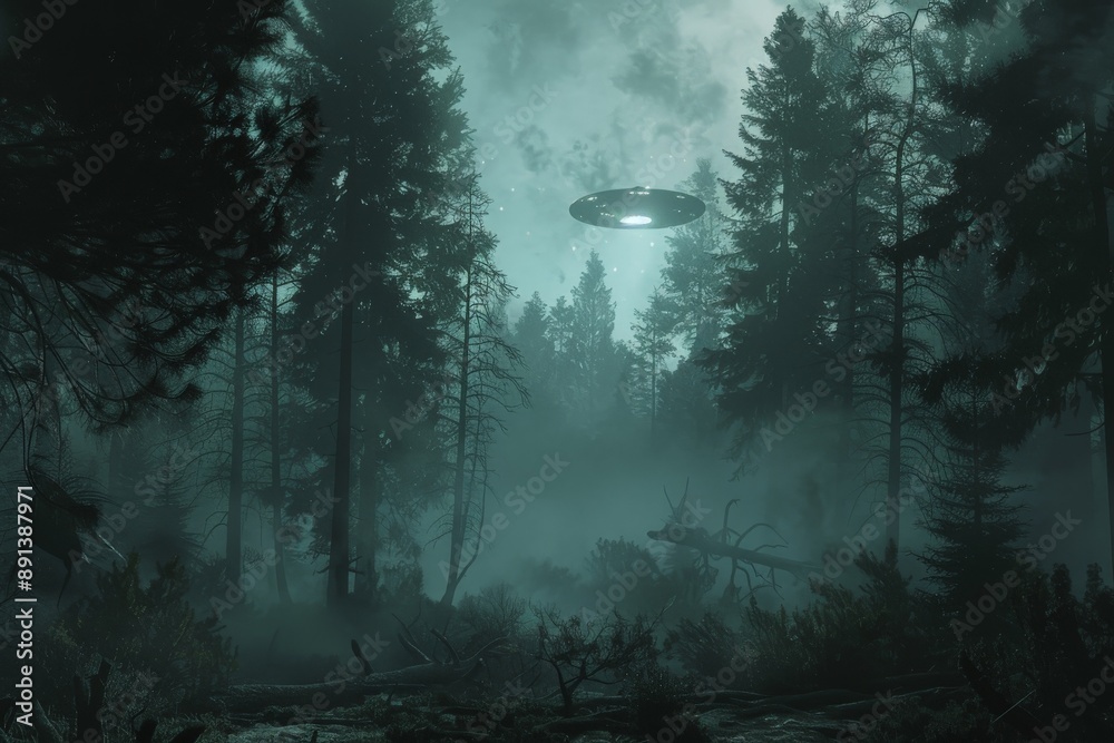 Poster alien spaceship hovering over a foggy forest at night