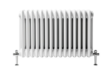 A Modern White Cast Iron Radiator With Chrome Accents on a Clear PNG or White Background.