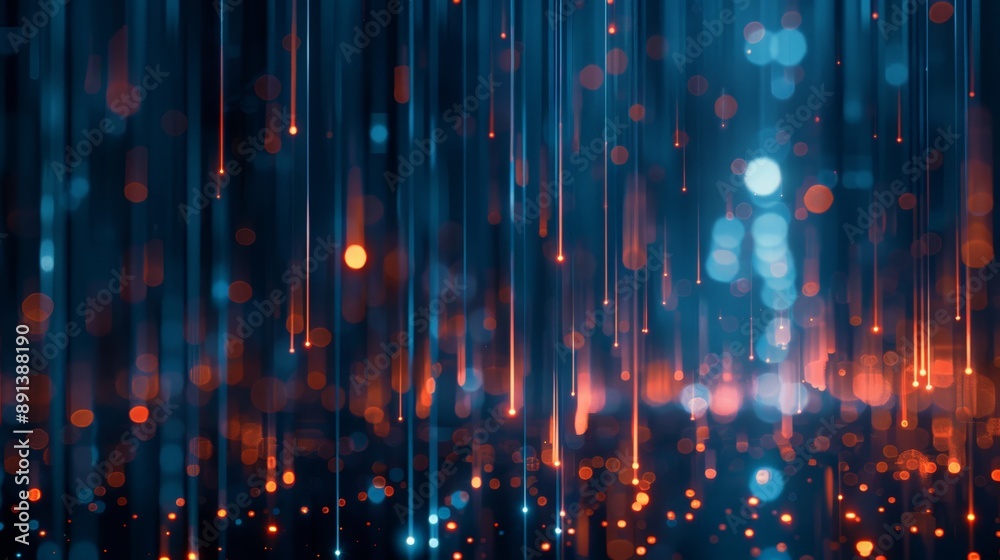Poster abstract falling light streaks in blue and orange on a dark background. represents digital rain and 