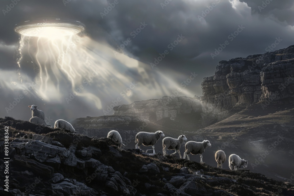 Poster sheep grazing under alien spaceship hovering in dramatic sky
