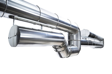A Shiny, Silver Network of Industrial Pipes Against a White Background on a Clear PNG or White Background.