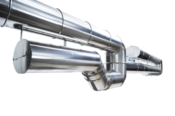 A Shiny, Silver Network of Industrial Pipes Against a White Background on a Clear PNG or White Background.