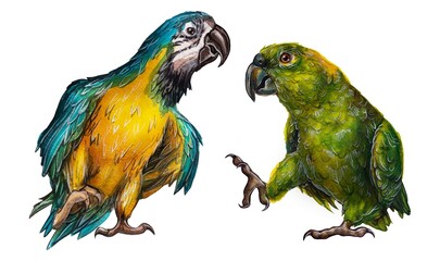 Two large macaws. Bird Company. Watercolor drawing on a white background.
