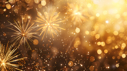 Fototapeta premium Gold fireworks Abstract background new year, copy space for greeting card
