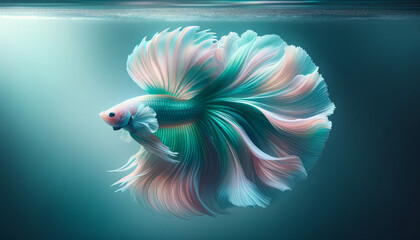 Fototapeta premium A pastel minty betta fish, showcasing its vibrant aquatic beauty. The fish has flowing, delicate fins with a gradient of pastel mint color. Wallpaper. Design. Trend. Concept.