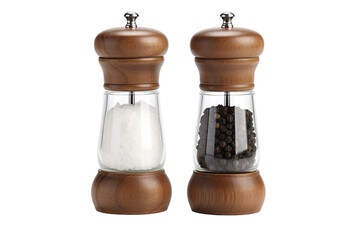 Wooden Salt and Pepper Grinders With Glass Jars Filled With White Salt and Black Peppercorns on a Clear PNG or White Background.
