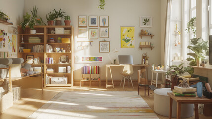 Fototapeta premium Sunny home office with wooden desk and houseplants in minimalist design