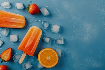 Varying  popsicles on an orange background. Flat lay of ice creams  in pop-art style with copy space. Horizontal  format. Beautiful simple AI generated image in 4K, unique.