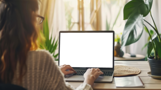 Mockup image of a woman working and touching on laptop touchpad with blank screen at home