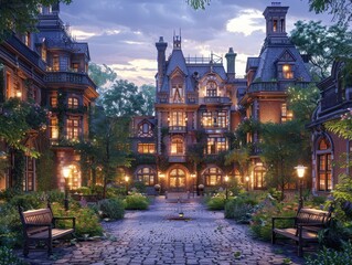 Naklejka premium Elegance in the Urban Stillness: Hyper-Realistic 3D Rendering of Historic Building with Soft Street Lighting