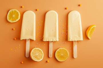 Varying  popsicles on an orange background. Flat lay of ice creams  in pop-art style with copy...