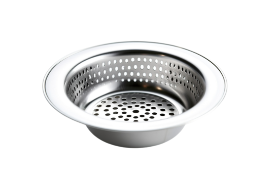A Shining Stainless Steel Sink Strainer Ready to Catch Kitchen Debris on a Clear PNG or White Background.