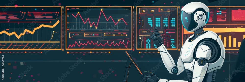 Poster Robot analyzing financial graphs on screens in a high-tech environment. Futuristic AI in finance.