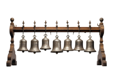 A Row of Silver Bells Hangs From a Wooden Stand on a Clear PNG or White Background.