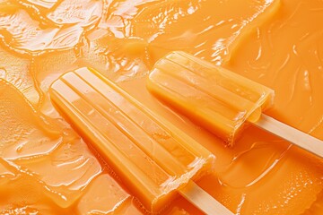 Varying  popsicles on an orange background. Flat lay of ice creams  in pop-art style with copy...