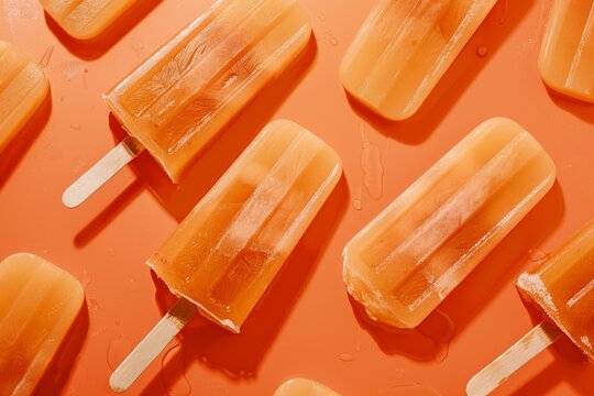 Peach-flavored popsicle on a stick, copy space. Beautiful simple AI generated image in 4K, unique.