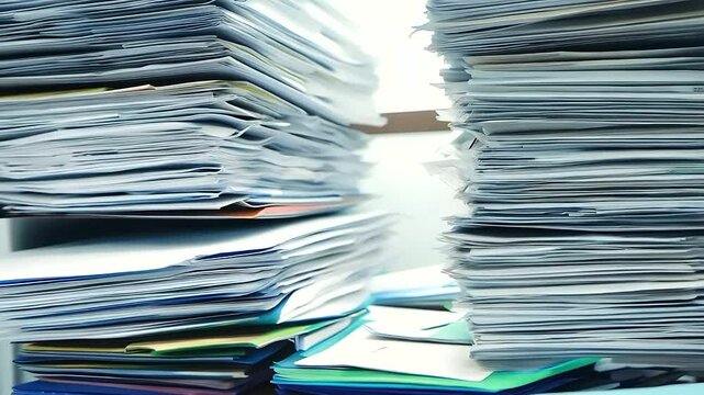 Office desk cluttered with a large stack of paperwork and documents. Business bureaucracy and administrative tasks, paperwork overload