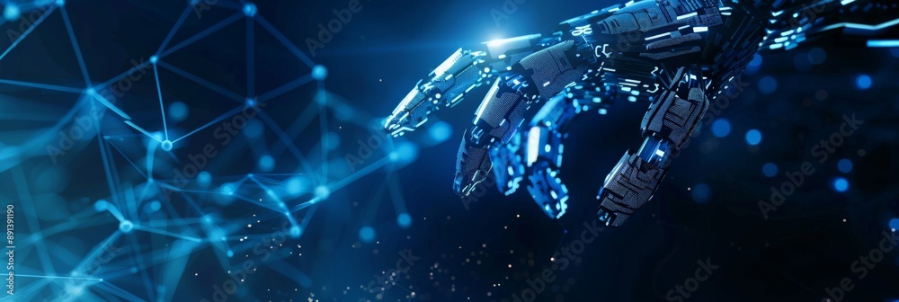 Poster detailed view of a robotic hand with glowing blue elements in a dark, high-tech setting. ideal for i