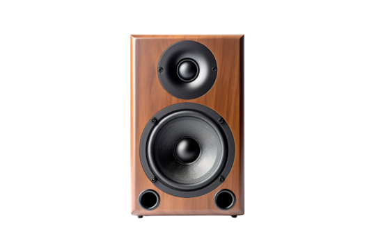 A Single Wooden Speaker With Two Drivers Ready to Amplify Your Listening Experience on a Clear PNG or White Background.