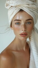 Fototapeta premium Beautiful woman with a serene expression, her face framed by a towel turban, clear and bright lighting, simple and clean background