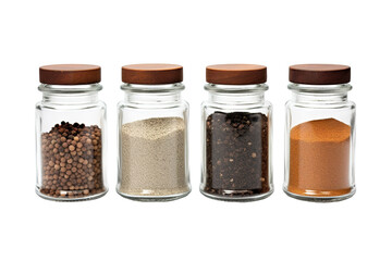 Four Glass Spice Jars With Wooden Lids, Filled With Peppercorns, Powder, and Spice on a Clear PNG or White Background.