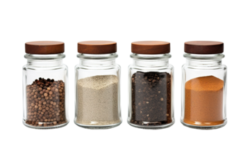 Four Glass Spice Jars With Wooden Lids, Filled With Peppercorns, Powder, and Spice on a Clear PNG or White Background.