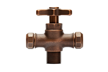 A Vintage Copper Water Valve With a Cross-Shaped Body and a Star-Shaped Knob on a Clear PNG or White Background.