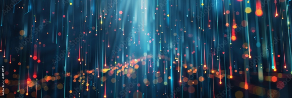Poster Dark digital background with vertical blue and red light beams and glowing dots. Advanced technology and data communication concept.