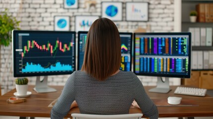 Skilled financial analyst monitors realtime market charts on multimonitor workstation.