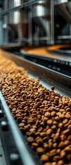 Closeup of conveyor belts transporting dry pet food in a stateoftheart production facility
