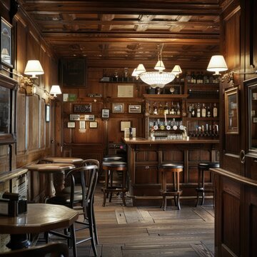 Old bar scene. Traditional or British style bar or pub interior, with wooden paneling Job ID: 82fba53f-acdf-47ad-901c-fdb433a41e17