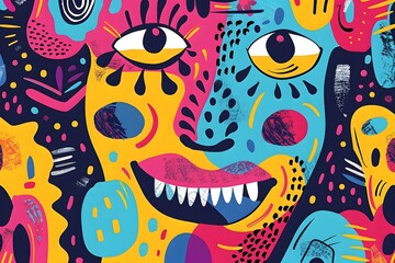 Vibrant Abstract Face Art with Bold Colors and Playful Patterns