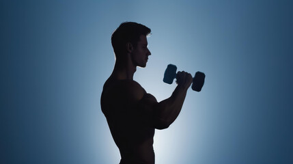 A powerful silhouette of a muscular athlete in jeans, working out with dumbbells in a dark setting. Sport men body concept.