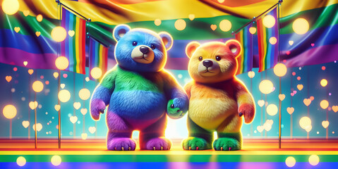 Naklejka premium Regenbogen Bären Hand in Hand beim CSD, Pride, LGBT