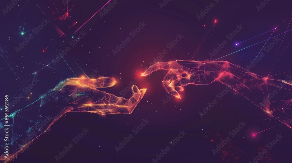 Poster two abstract digital hands reaching towards each other with glowing orange and pink lights on a dark