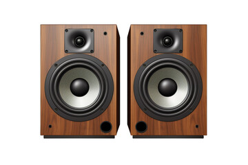 A Pair of Wooden Speakers Ready to Fill the Room With Sound on a Clear PNG or White Background.