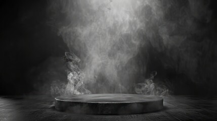 Podium black dark smoke background product platform abstract stage texture fog spotlight. Dark black floor podium dramatic empty night room table concrete wall scene place display studio smoky dust