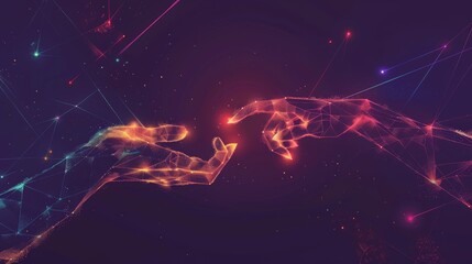Two abstract digital hands reaching towards each other with glowing orange and pink lights on a dark background. Futuristic connection and AI interaction.