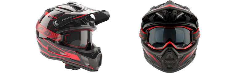 Black and red off-road helmet isolated on transparent background