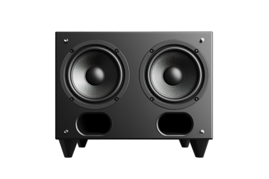 A Pair of Black Speaker Cabinets With Powerful Subwoofers on a Clear PNG or White Background.