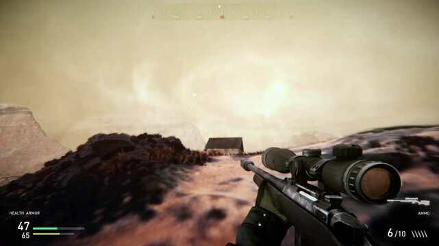 Trying to complete a video game mission in the newest single player shooter. Using a sniper rifle in the video game mission. A player is dying in a difficult video game mission. Defeat. FPS. Action.