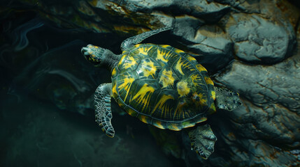 A photograph of a turtle swimming underwater, green and yellow shell, detailed texture, calm floating pose, extreme close-up, near a rocky underwater cave
