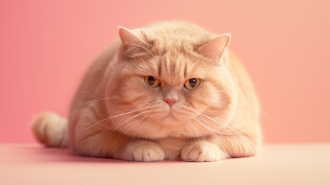 an orange fat cat sitting on the floor on pink background