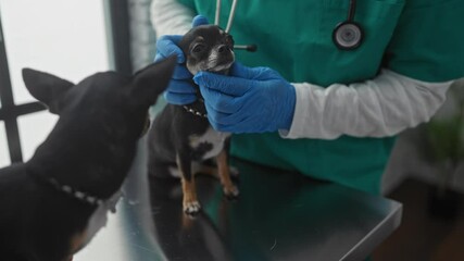 A veterinary man examines a chihuahua dog with another chihuahua waiting on the table in a clinic setting, showcasing animal care by a professional.